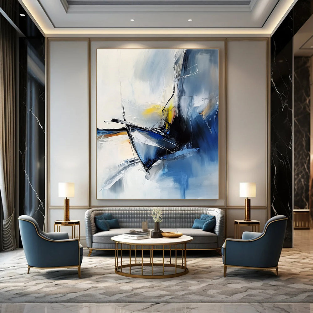 An abstract painting capturing a close-up of a luxury sailboat's bow and figurehead in foggy weather using white blue black grey and yellow.STSC645