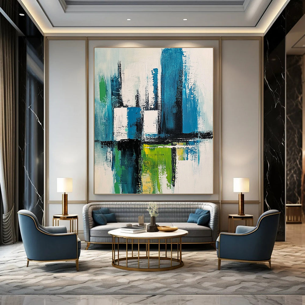 Large abstract painting of a cityscape in blue green and white with thick expressive brush strokes and a minimalistic style.STSC281