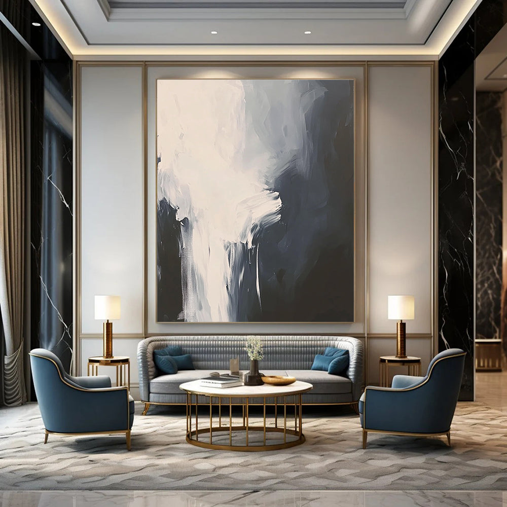 Large abstract painting in white and gray featuring atmospheric brushstrokes and a cloud pattern on a black background with a minimalist style.STSC236