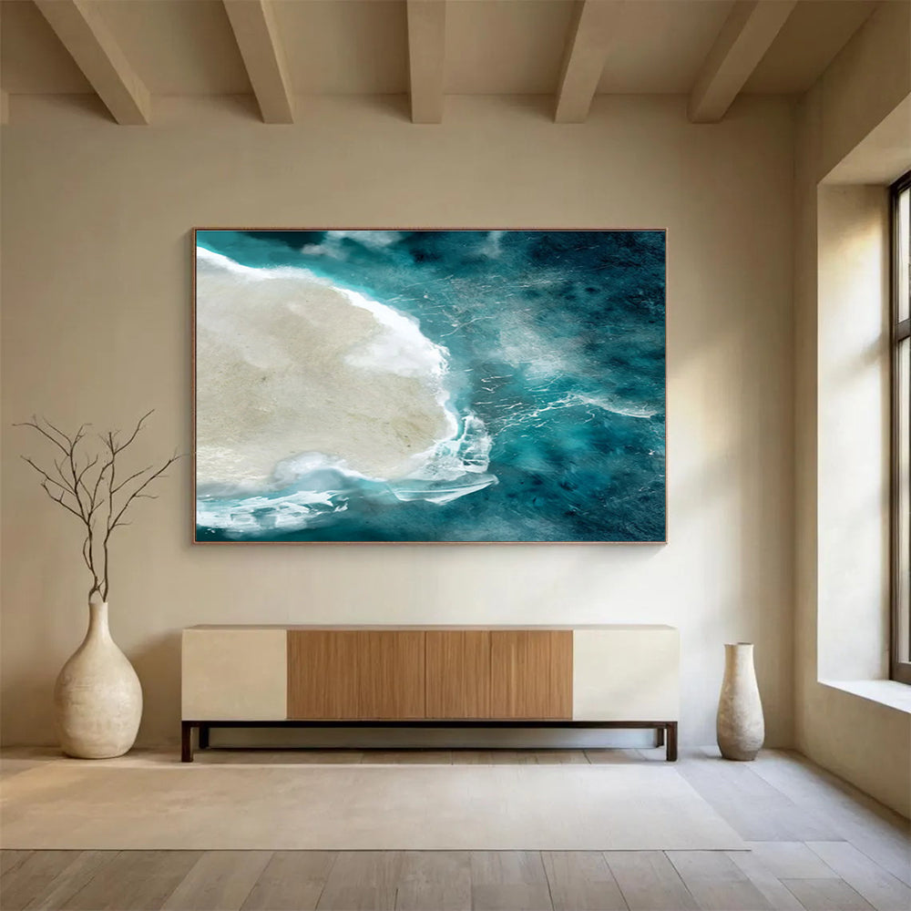 Aerial Sea - view Abstract Painting with Turquoise and Beige THY125