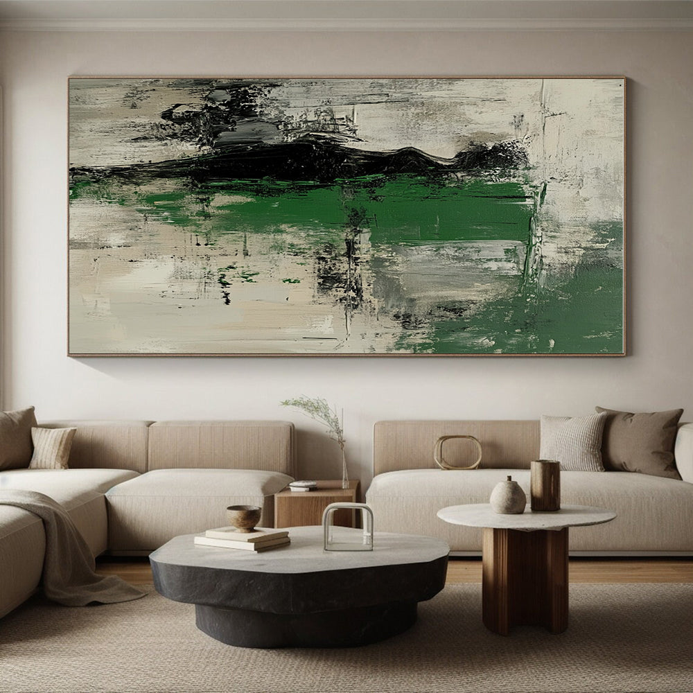 Black Green and Gray Abstract Painting with Enigmatic Forms GER526