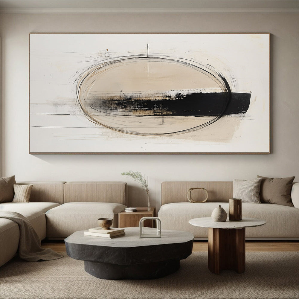Beige Black Abstract Painting with Minimalist Circles GER784