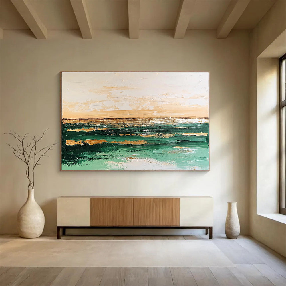Large abstract painting with green and beige tones depicting a tranquil sea and soft sky against a muted white background, creating an elegant vintage feel.SC080
