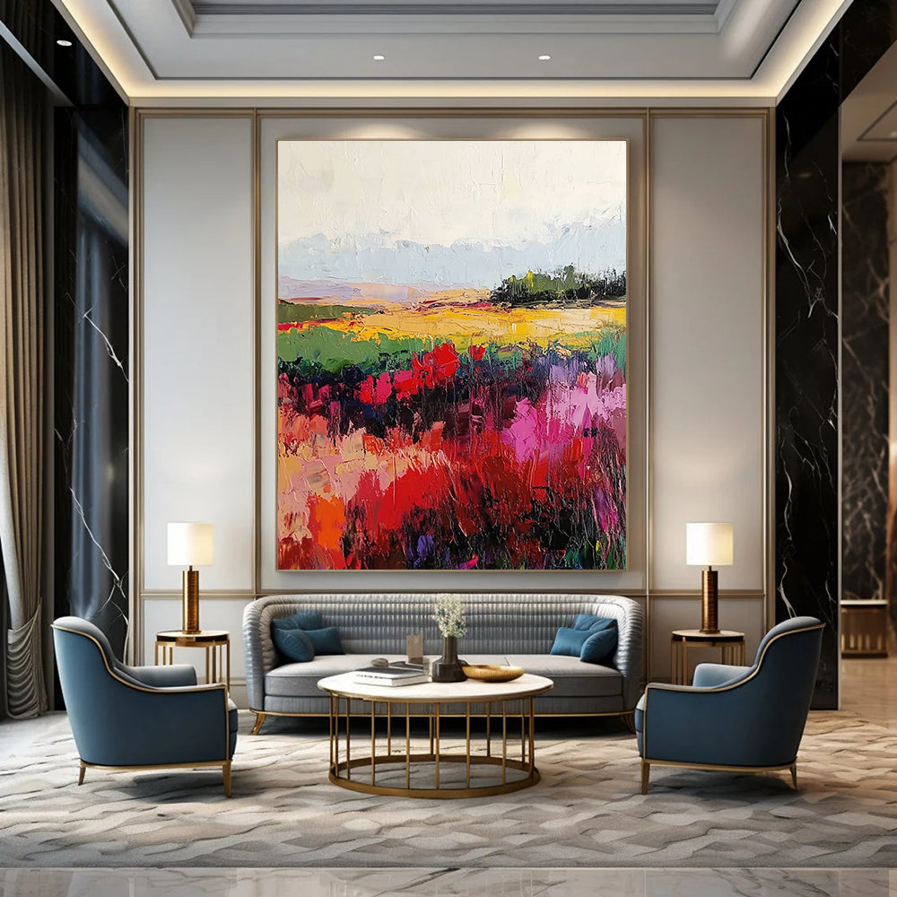 Large abstract painting with vibrant reds and greens, textured canvas and soft blurred edges, created using palette knife and broad brush strokes.STSC113