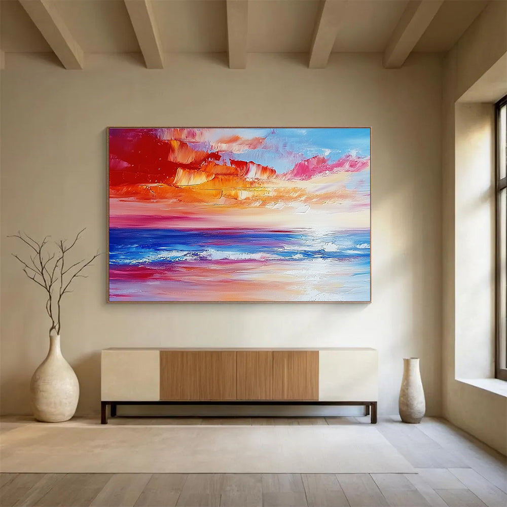 Colorful Sunset Seascape Abstract Painting with Reds Pinks and Blues DYP234