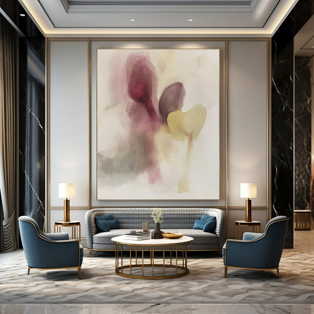 Large abstract painting featuring muted colors soft shapes resembling eggplant and flowers with subtle hints of faces in watercolor.STSC503
