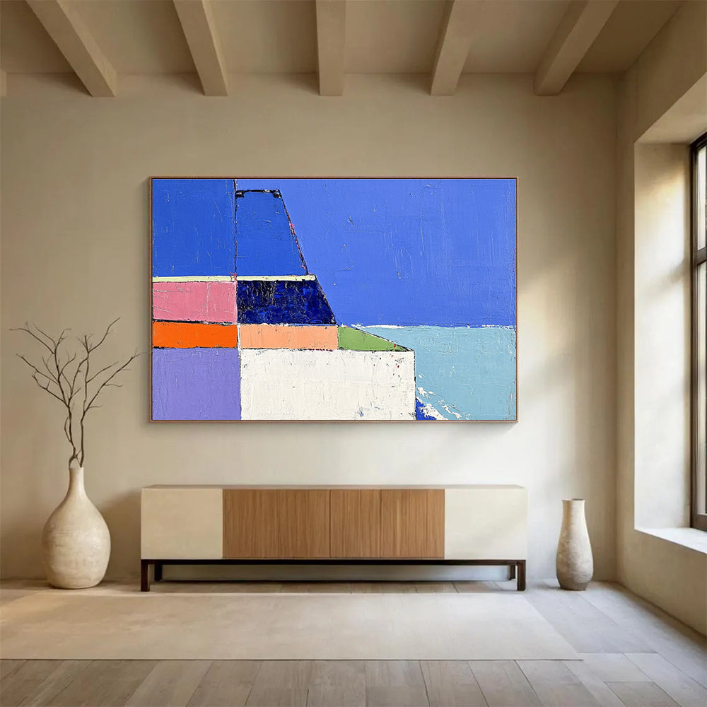 Colorful Geometric Seaside Abstract Painting with Blue and Pastel Tones DYP310