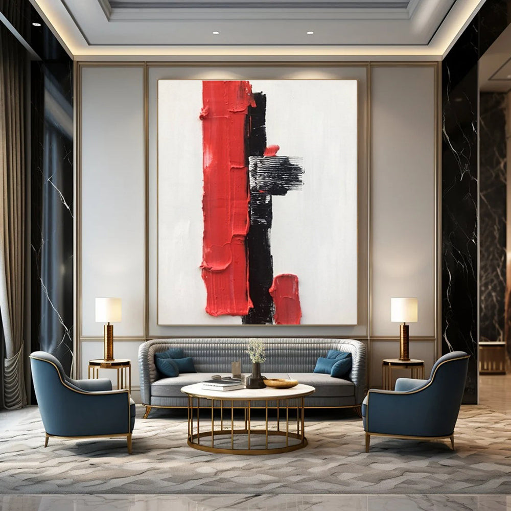 Red and Black Textured Abstract Painting with Geometric Shapes ADGE390