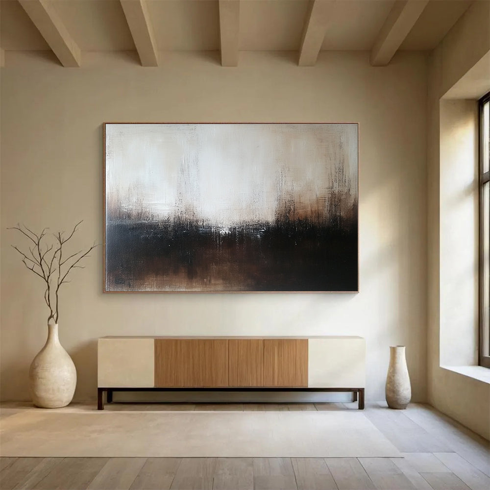 Large abstract painting in dark brown and white with neutral tones on wood panel features blurred edges and intricate details in minimalist style.SC057