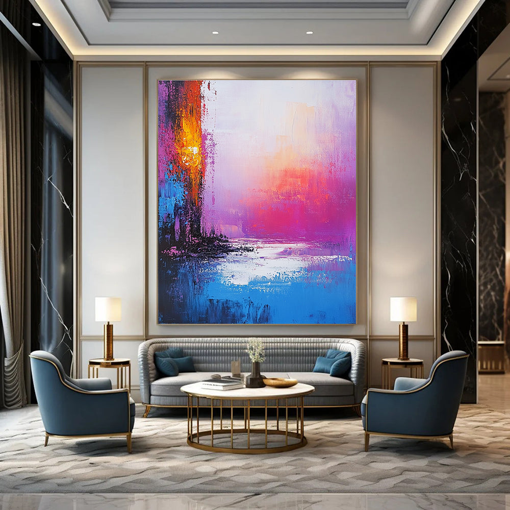 Large abstract painting of an iridescent ocean with pink purple and blue hues featuring a golden portal and a serene sunset ambiance.STSC261