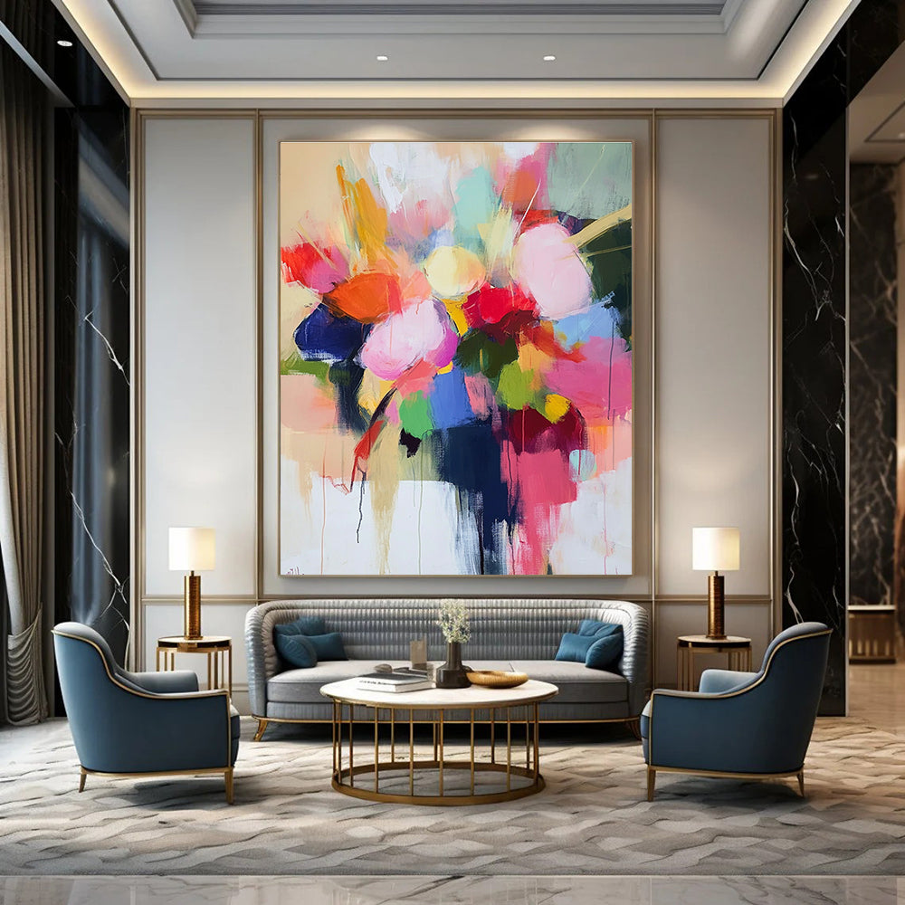 Large abstract painting with loose brush strokes in pastel colors featuring a vibrant floral vase and harmonious shapes conveying joy and optimism.STSC773