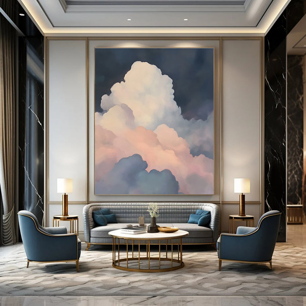 A large abstract painting featuring soft atmospheric scenes with a misty atmosphere and ethereal light shining through colorful clouds.STSC1036