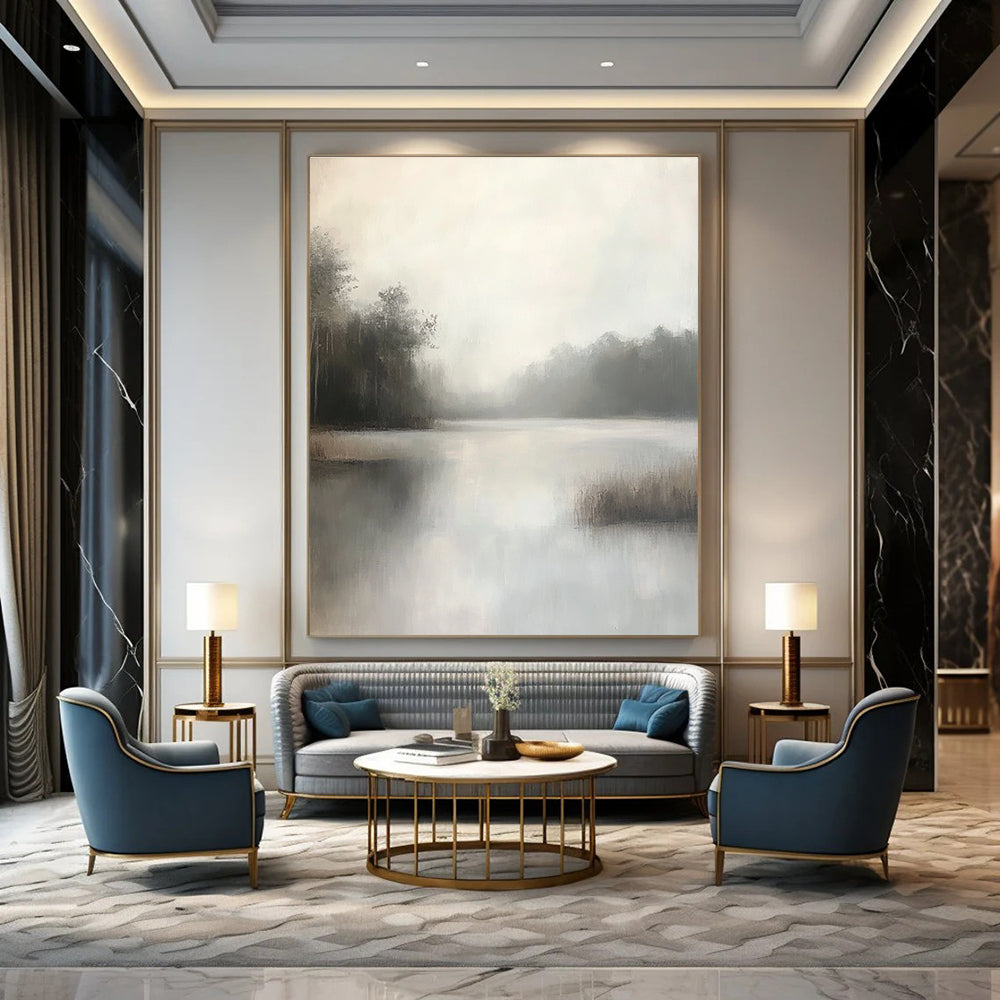 Large abstract painting capturing a misty bayou with muted grey and white tones featuring soft brushstrokes and detailed foliage in a minimalist style.STSC1100