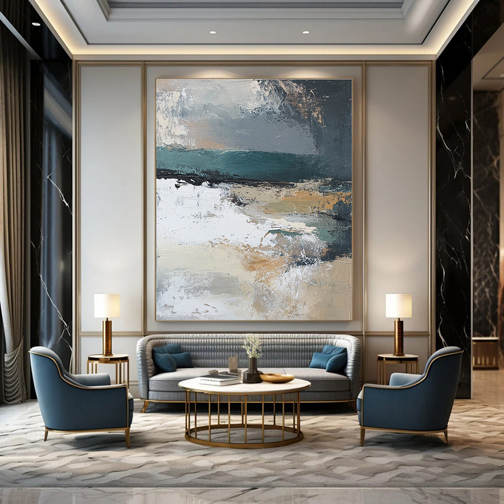 Large abstract painting featuring muted beige grey teal silver and green hues with white abstract shapes and textured layers depicting a serene landscape.STSC380