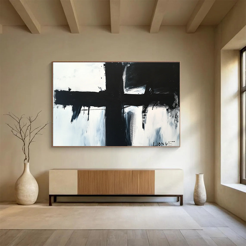 Black and White Cross Abstract Painting with Dripping and Bold Lines DYP179
