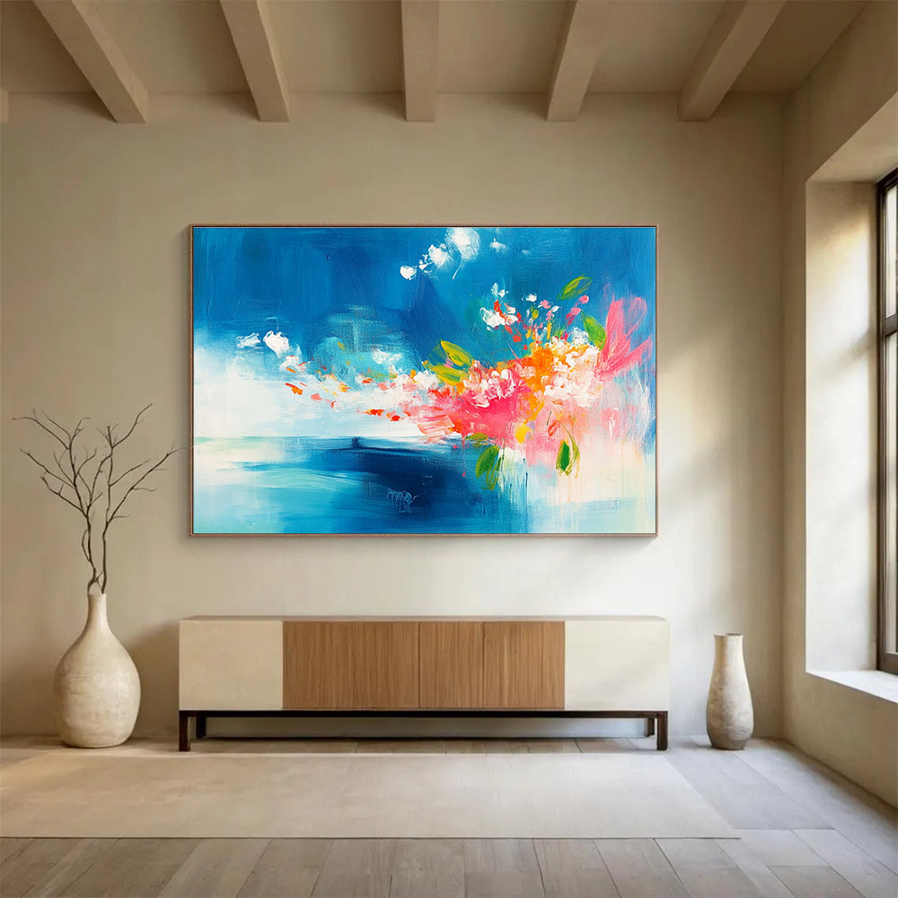 Blue and Pink Abstract Painting with Floral Burst DYP394