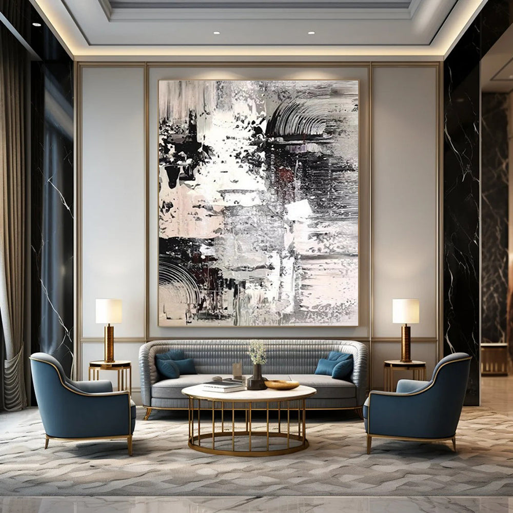 Monochrome Textured Abstract Painting with Layered Patterns ADGE392