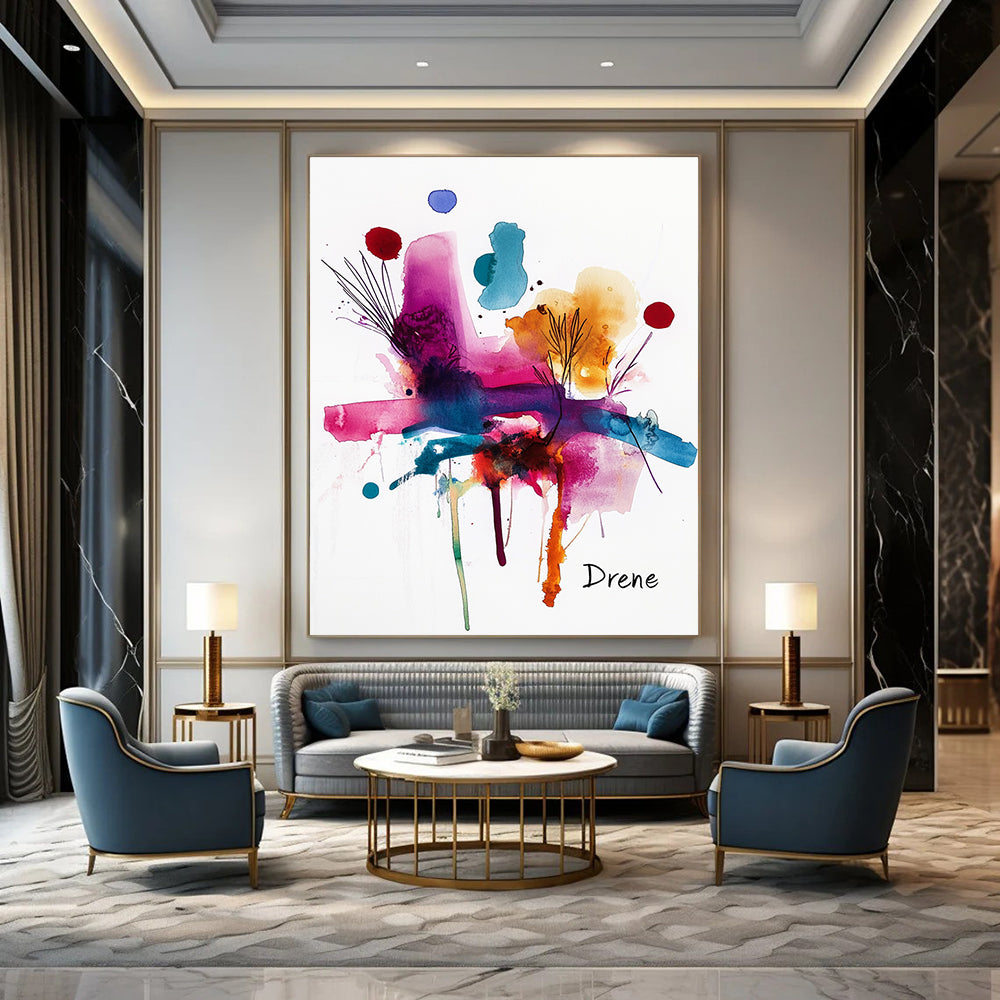 Large abstract watercolor painting featuring vibrant colors and shapes with the word Drene in black ink at the bottom right corner.STSC500