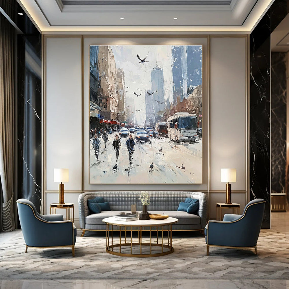 Vibrant abstract painting depicting a bustling city street with people cars and tall buildings in soft pastel colors and impressionist style.STSC930