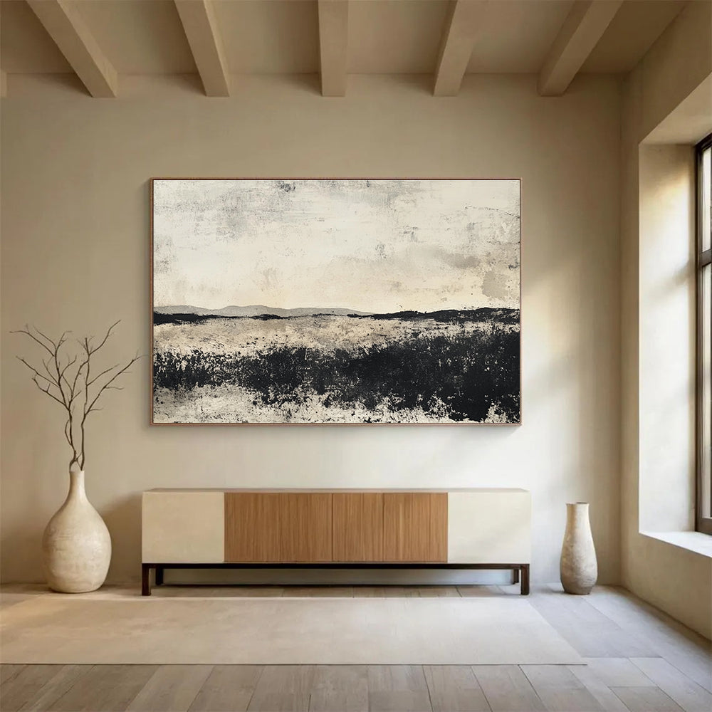 Black and White Landscape Abstract Painting with Textured Surfaces DYP176
