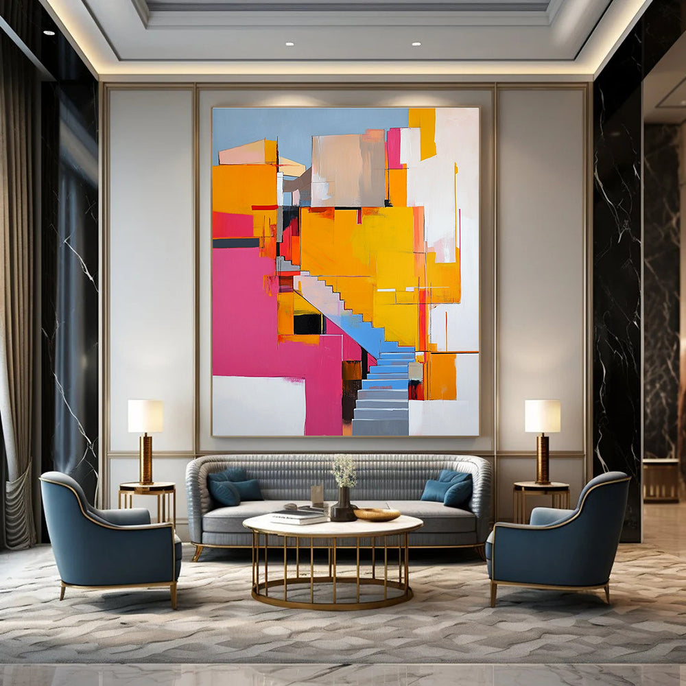 Abstract painting featuring vibrant pink yellow and orange architectural elements with stairs and ample white space around it.STSC668