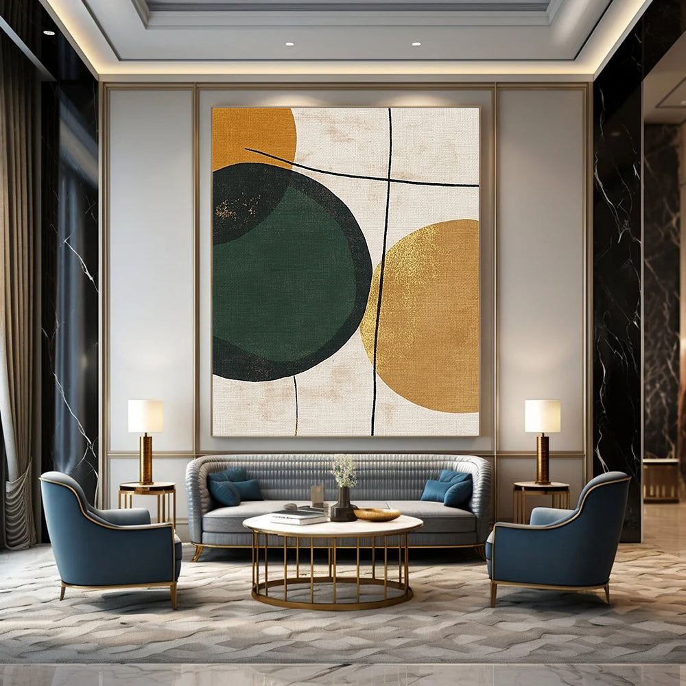 Large abstract painting featuring a green circle on a beige background with gold lines brown circles and minimalist black line drawings in organic forms.STSC467