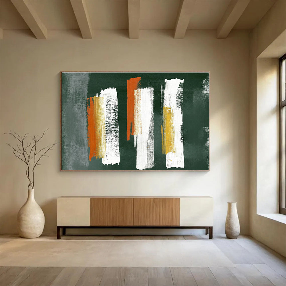 Large abstract painting featuring five vertical brushstrokes in gray white and orange on textured dark green paper in the style of Peter Lefferts.SC494