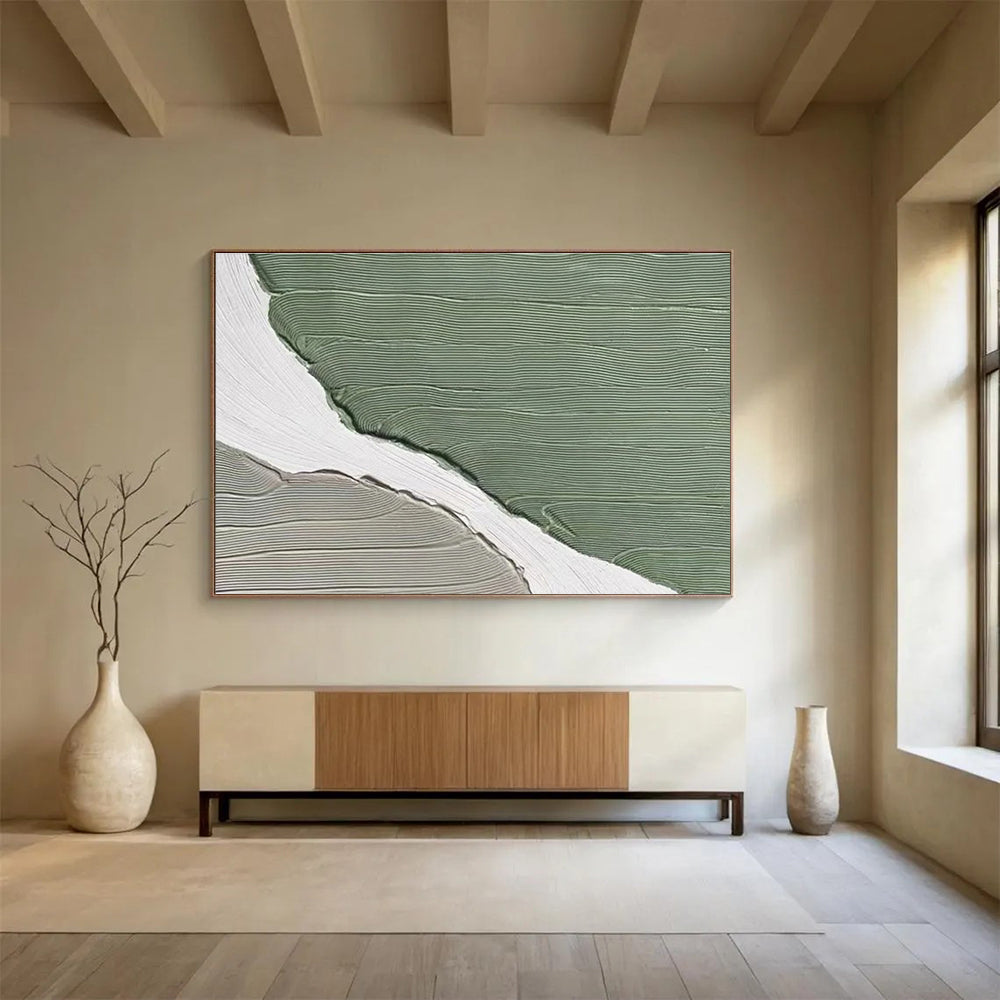 Green White Abstract Painting with Clean, Modern Lines THY396