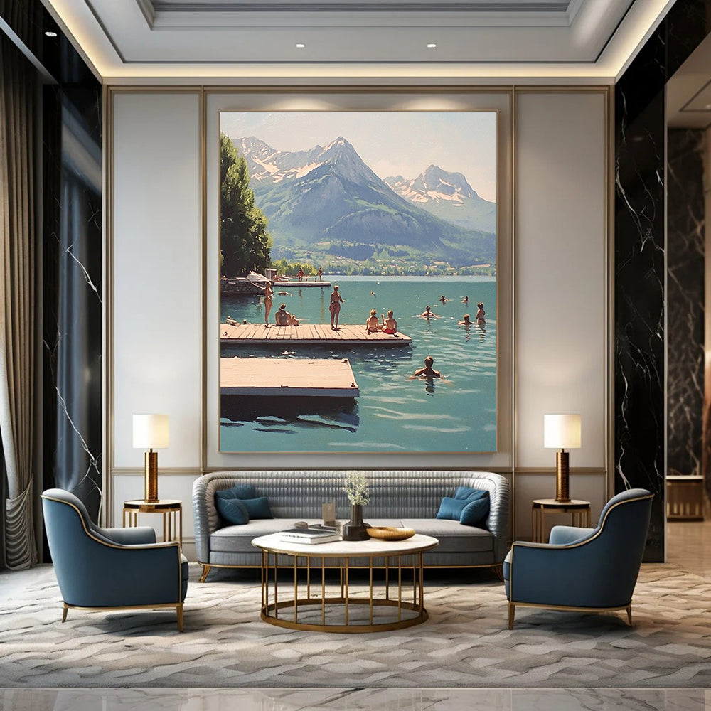 A large abstract painting depicting swimmers at Lake Annecy with majestic mountains creating a tranquil backdrop.STSC878