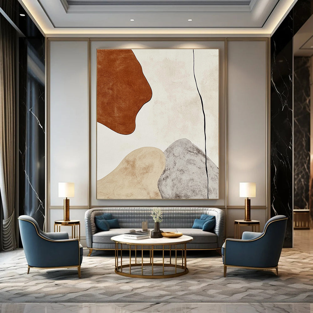 Large Abstract Painting In Earthy Tones Featuring A Brown Shape And Gray Line On A White Background Ideal For Contemporary Interiors.STSC474