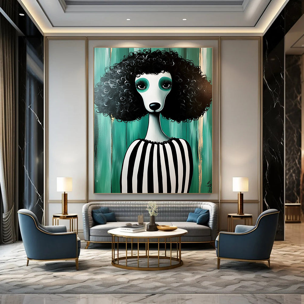 A large abstract painting featuring a full-bodied poodle with black fur and white stripes in an all-green striped dress amidst a whimsical backdrop.STSC1000