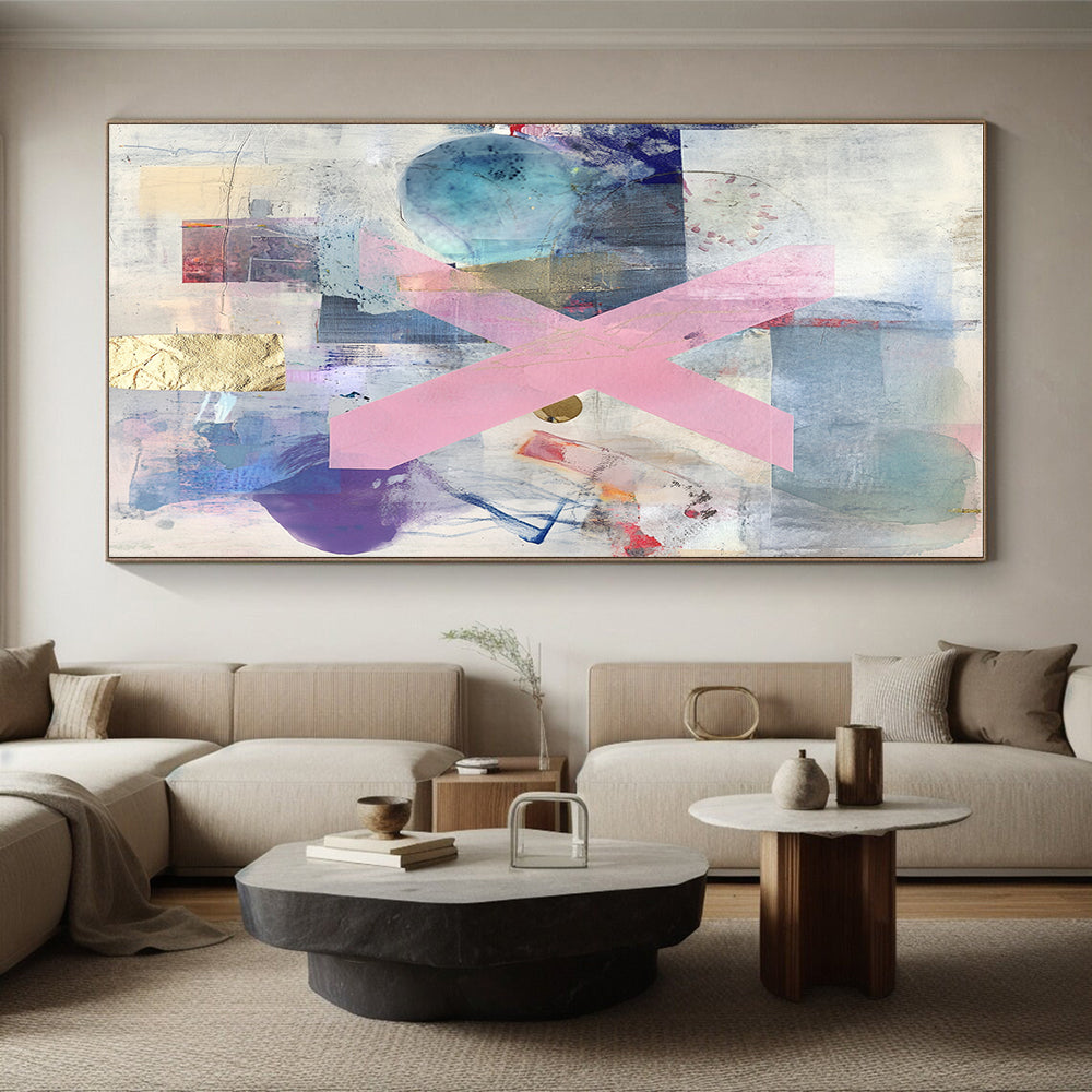 Pink X Collage Abstract Painting with Mixed Media and Gold Accents GER077