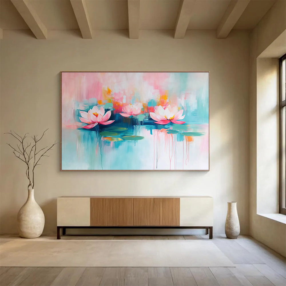 Large abstract painting featuring pink and turquoise water lilies with thick brush strokes on canvas.SC197