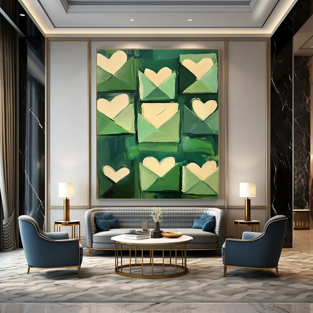 Abstract painting of green envelopes with love letters in shades of emerald and soft pink creating a romantic impressionist atmosphere.STSC1391