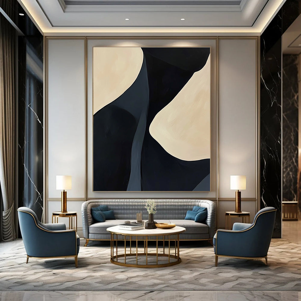 A large abstract painting featuring black and cream feminine curves with organic lines creating a calming effect on a light background.STSC609
