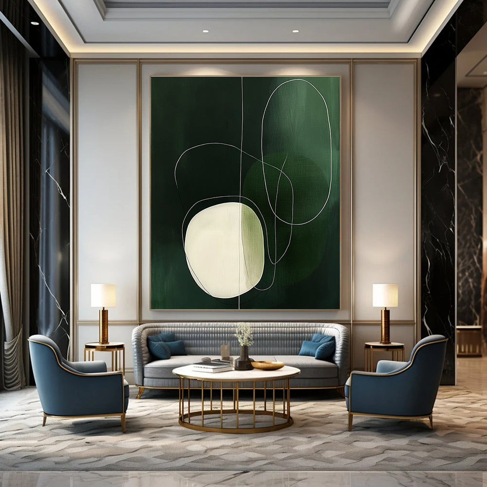 Large abstract painting featuring simple white and green shapes, an oval with delicate outlines, creating a serene and elegant atmosphere.STSC131