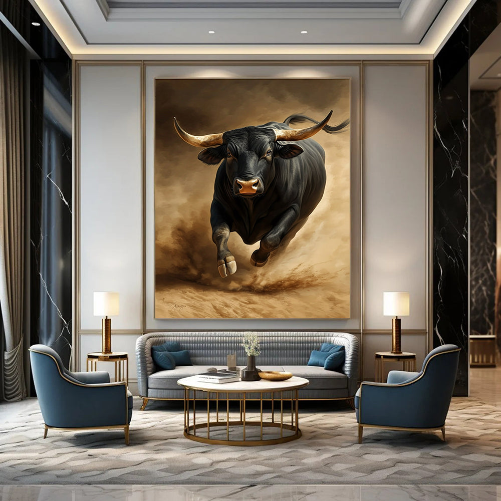 A large abstract painting featuring a black bull in the desert showcasing strong expression and high detail on a dark brown background.STSC914