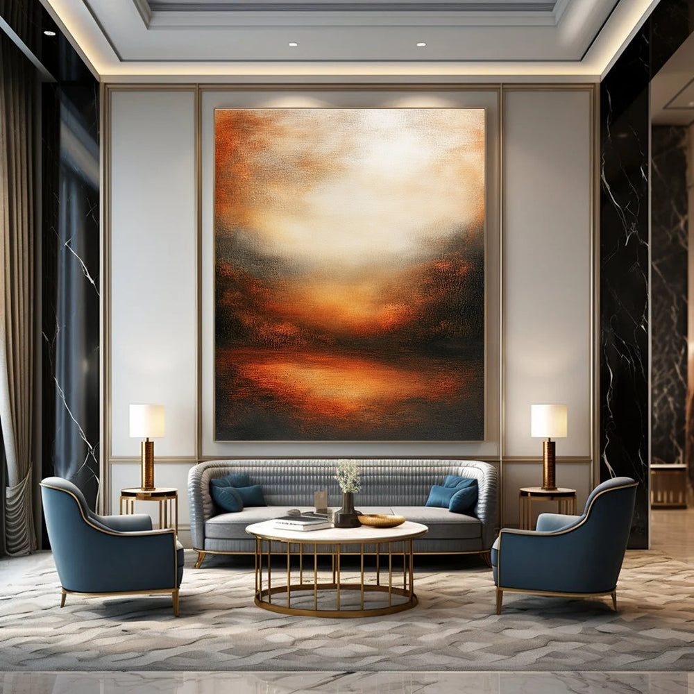 Large abstract oil painting featuring an atmospheric sunset with muted earth tones deep oranges and soft shadows evoking tranquility and harmony.STSC146
