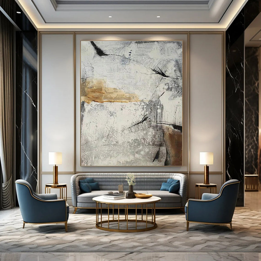 Gray and White Geometric Abstract Painting with Textured Layers ADGE338