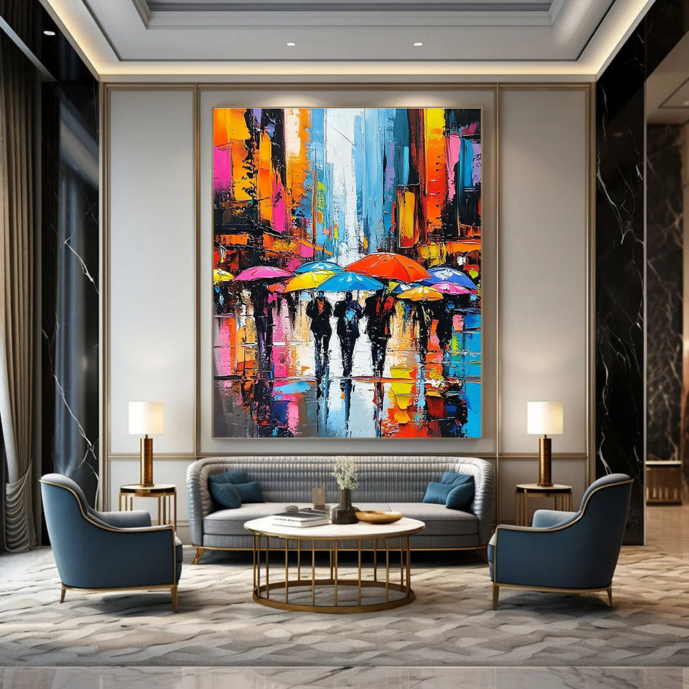 A large abstract painting showcasing vibrant city streets with people under colorful umbrellas and towering skyscrapers emphasizing expressive faces and dynamic brushstrokes.STSC850