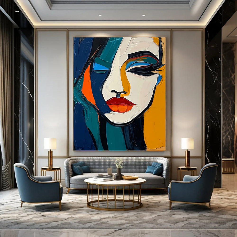 A large abstract painting with elegant features in vibrant colors merging with strong shadows bold lines and smooth textures.STSC1098