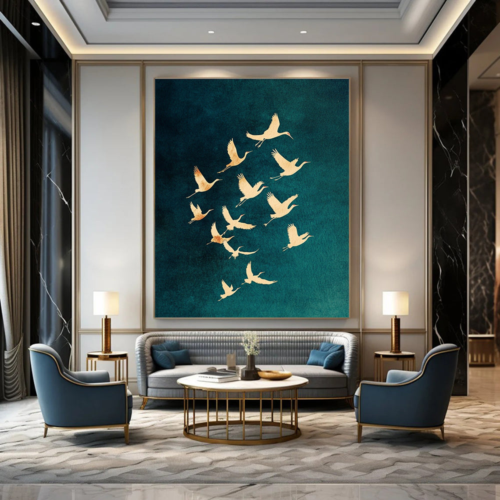Large abstract painting featuring golden crane silhouettes on a dark blue-green background evoking mystery tranquility and freedom in nature.STSC1305