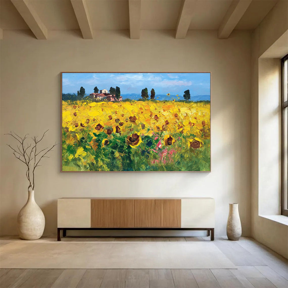 Yellow Green Sunflower Field Abstract Painting THY461