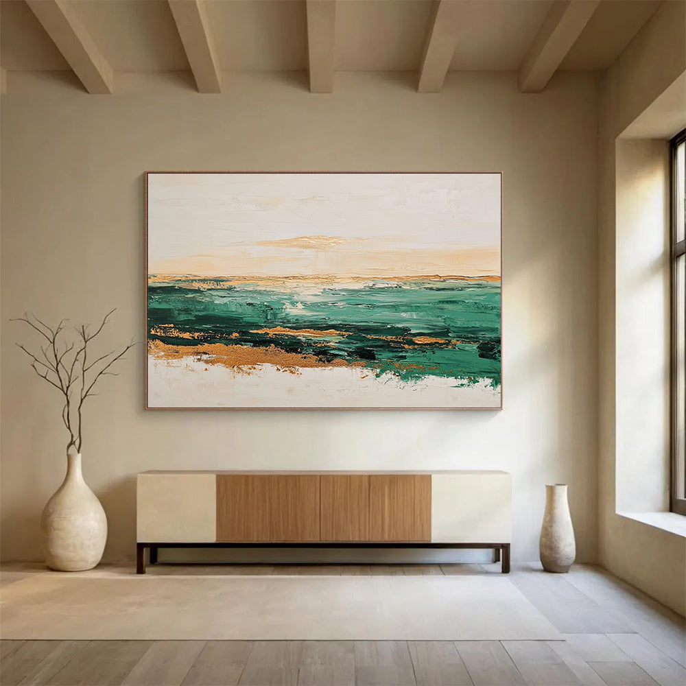 Green and Gold Coastal Abstract Painting with Textured Seascape DYP240
