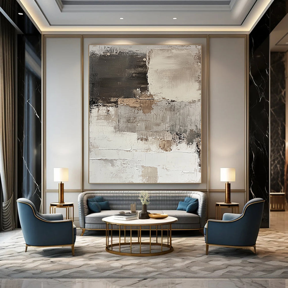 Large abstract painting of a peeling white wall in brown and gray tones showcasing thick brush strokes for a minimalist aesthetic.STSC268