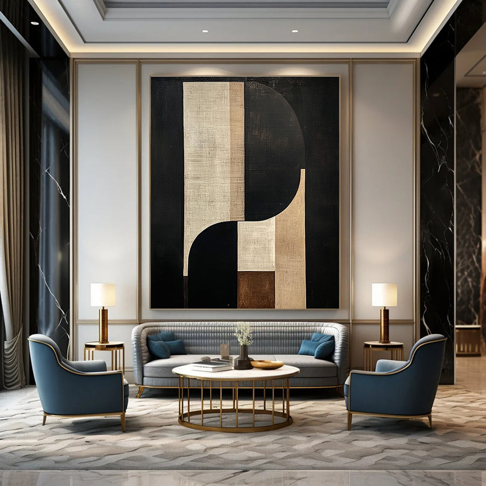 Large abstract painting features geometric and organic shapes in beige and brown tones against a black background with a central tall white shape.STSC1058