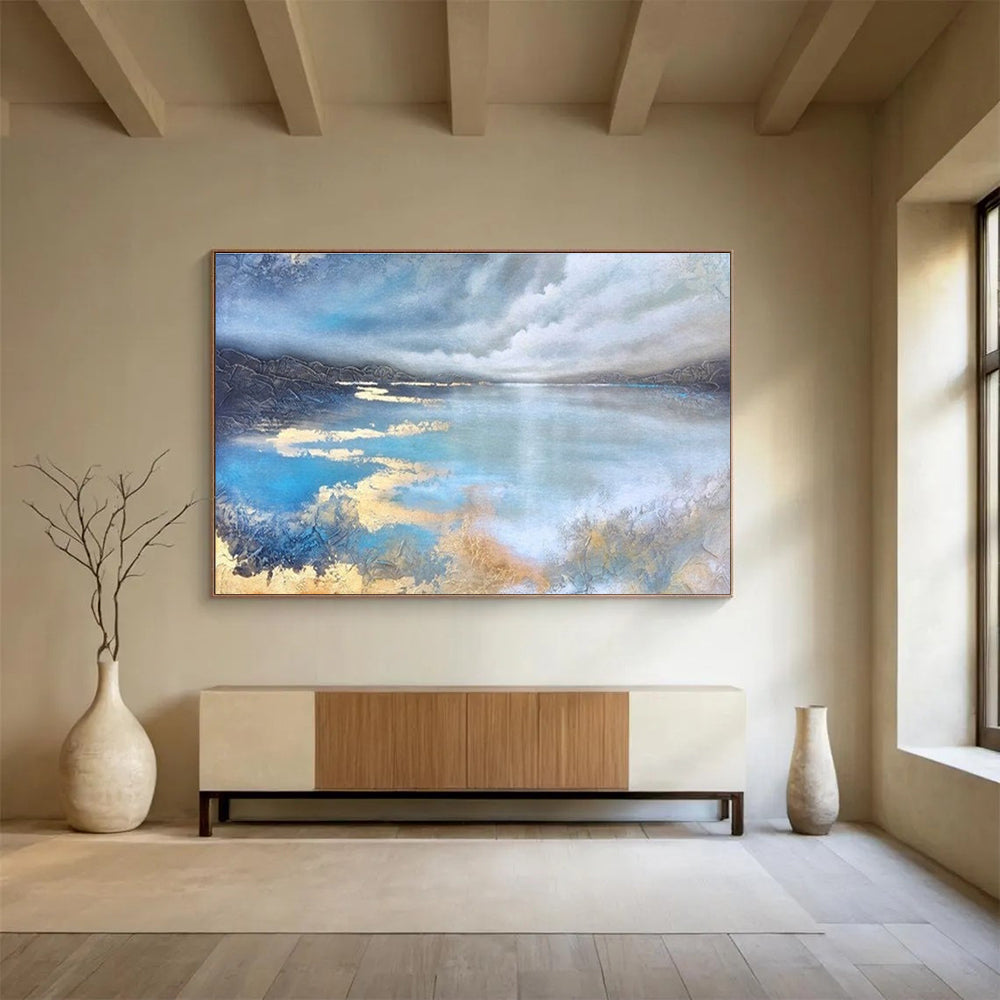 Lake Reflection Abstract Painting with Blue, Grey, and Gold Tones THY192