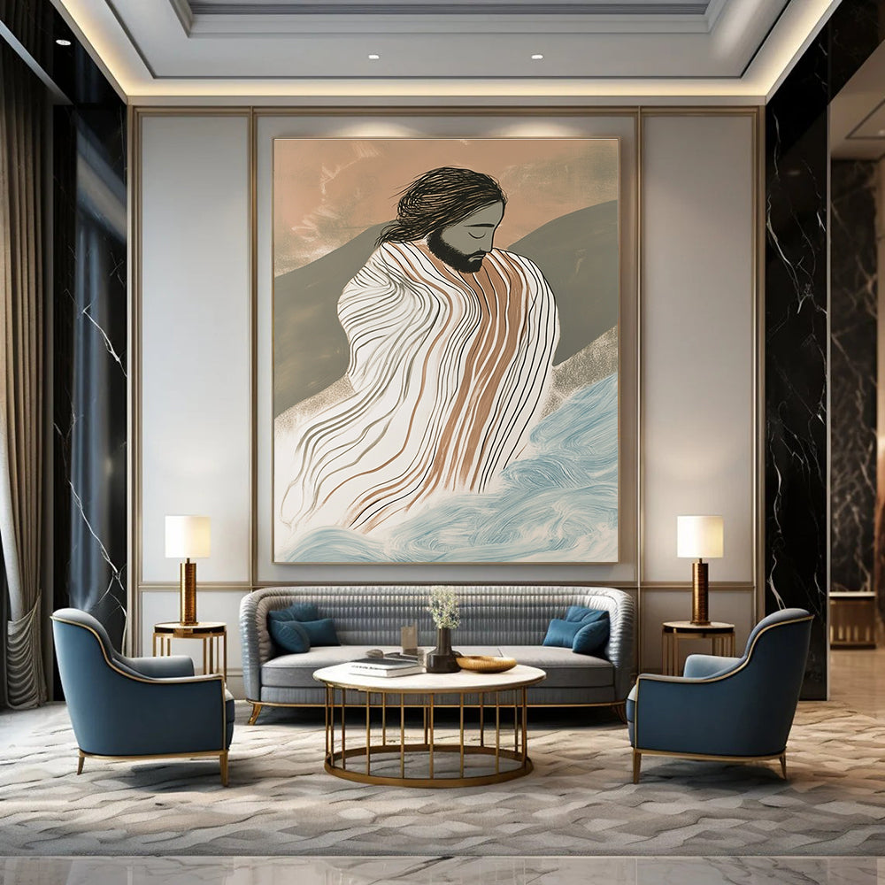 Large abstract painting featuring Jesus in striped robes surrounded by waves with an ink drawing effect and a misty atmosphere in a vibrant color palette.STSC1131