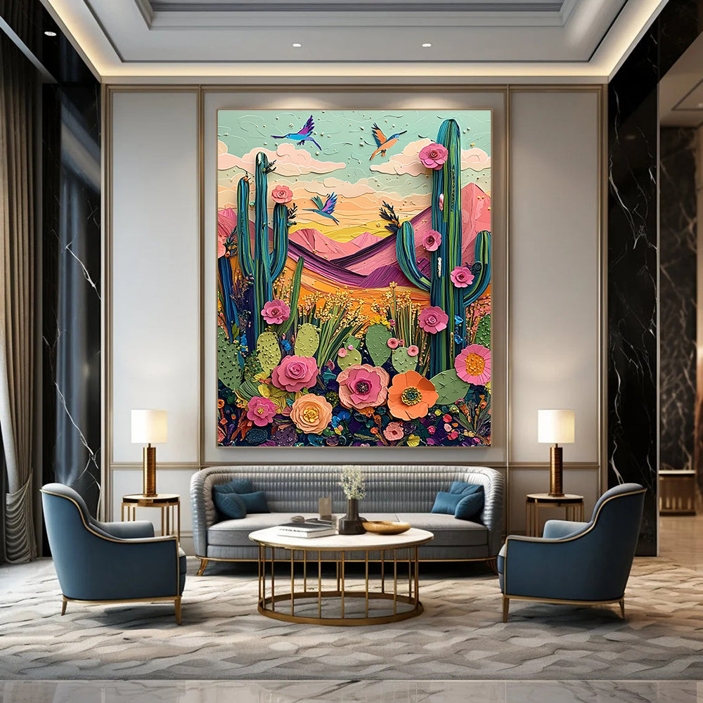 Large abstract artwork featuring a vibrant desert landscape with cacti mountains birds and blooming flowers in colorful pastels and intricate textures.STSC1426