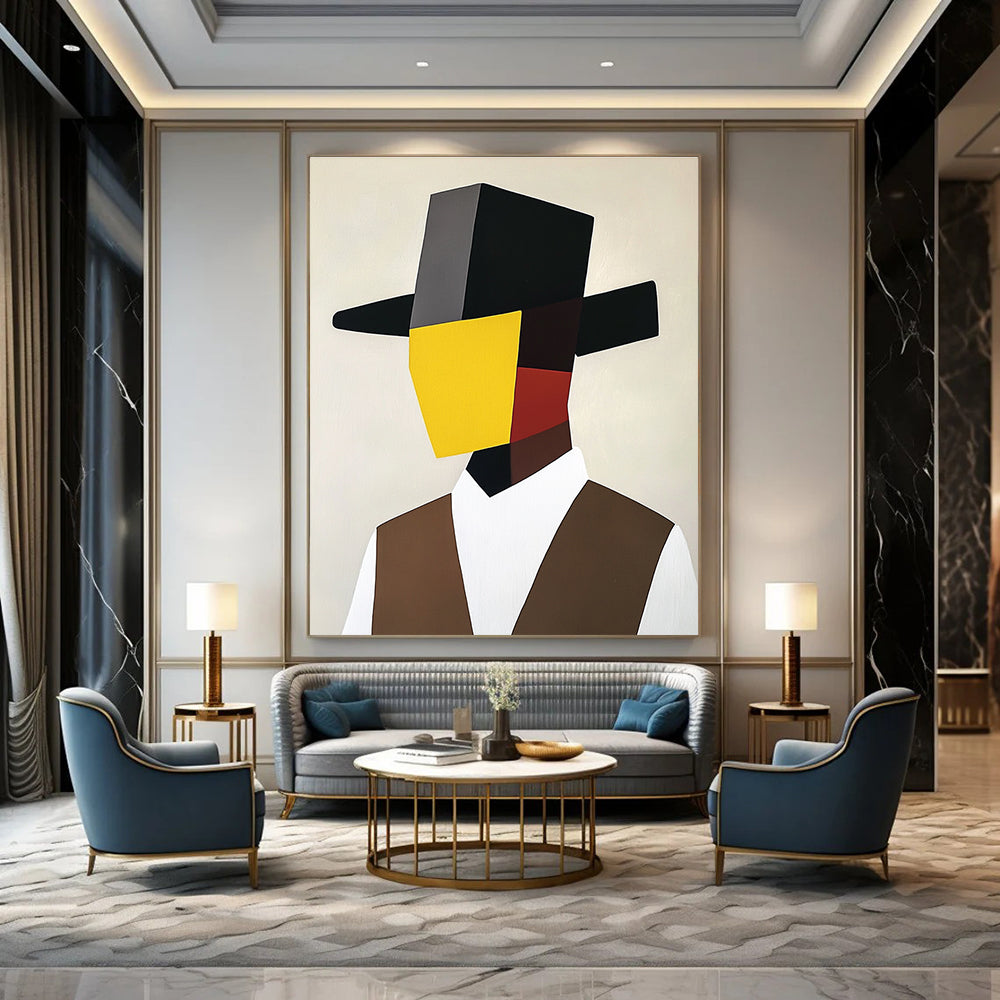 A large abstract painting featuring a minimalist cubist portrait of an Italian man in a black hat and brown vest with a yellow mask.STSC1082